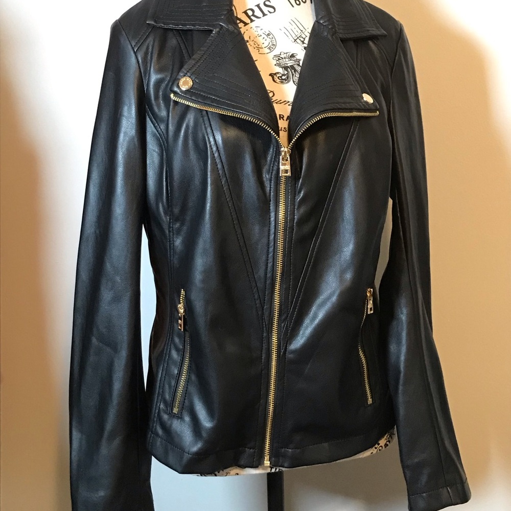 MARC NEW YORK FAUX LEATHER MOTO JACKET WOMENS SZ. M BLACK W/GOLD ZIPPERS